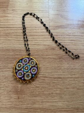 Vintage 70s Boho Mosaic Mandala Medallion Necklace India